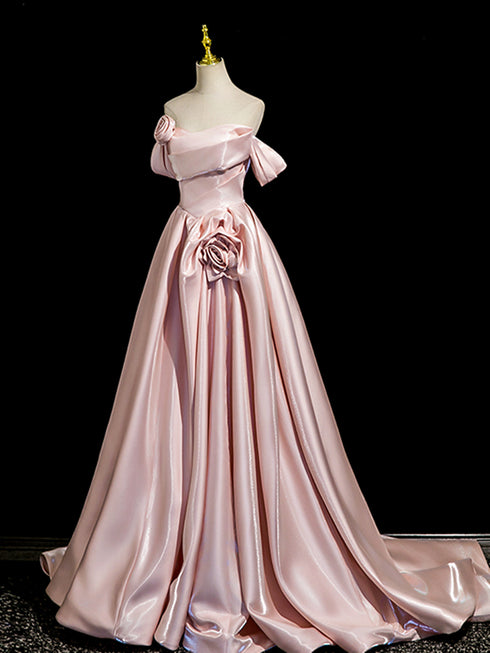 A-line Pink Satin Strapless Long Formal Dress, Pink Satin Off Shoulder Prom Dress